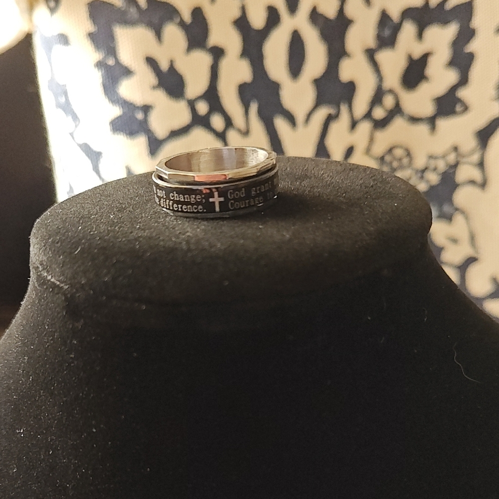 Engraved Black Stainless Serenity Prayer Ring with Cross Accent